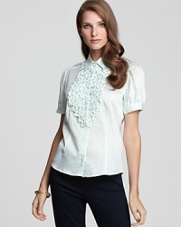Frills of ruffles pour down the placket of this BASLER cotton shirt, speckled in an all-over micro-dot pattern for a new-season finish. Frills of ruffles pour down the placket of this BASLER cotton shirt, speckled in an all-over micro-dot pattern for a new-season finish.