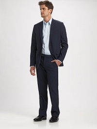 A straight-leg look that pairs perfectly with a blazer in lightweight tropical wool. Extended waist tab Fits easy through the leg Side slash, back besom pockets Inseam, about 34 96% Italian wool/4% Lycra Dry clean Made in USA A straight-leg look that pairs perfectly with a blazer in lightweight tropical wool. Extended waist tab Fits easy through the leg Side slash, back besom pockets Inseam, about 34 96% Italian wool/4% Lycra Dry clean Made in USA