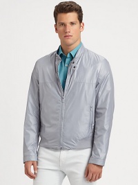 This outerwear staple makes an instant style statement, bold and beautifully crafted in a sleek, bomber silhouette with monochromatic details for an elegant finish.Zip frontBand collarSide slash zipped pocketsRibbed knit hemFully linedAbout 25 from shoulder to hem58% polyamide/42% polyesterDry cleanImported This outerwear staple makes an instant style statement, bold and beautifully crafted in a sleek, bomber silhouette with monochromatic details for an elegant finish.Zip frontBand collarSide slash zipped pocketsRibbed knit hemFully linedAbout 25 from shoulder to hem58% polyamide/42% polyesterDry cleanImported