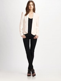 Timeless silk staple has an emphasized shawl collar, cropped back hem and front besom pockets. Shawl collarButton frontLong sleevesFront besom pocketsAbout 24 from shoulder to hemSilkDry cleanImportedModel shown is 5'9½ (176cm) wearing US size Small. Timeless silk staple has an emphasized shawl collar, cropped back hem and front besom pockets. Shawl collarButton frontLong sleevesFront besom pocketsAbout 24 from shoulder to hemSilkDry cleanImportedModel shown is 5'9½ (176cm) wearing US size Small.