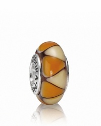 A tasteful triangle pattern adorns this glossy murano glass charm. Logo-engraved sterling silver trim displays the PANDORA signature. A tasteful triangle pattern adorns this glossy murano glass charm. Logo-engraved sterling silver trim displays the PANDORA signature.