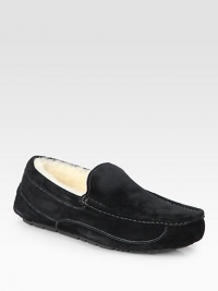 Sheepskin-lined suede with a sheepskin sockliner that naturally wicks away moisture to keep feet dry and warm. Moccasin stitching Molded rubber indoor/outdoor outsole Imported Sheepskin-lined suede with a sheepskin sockliner that naturally wicks away moisture to keep feet dry and warm. Moccasin stitching Molded rubber indoor/outdoor outsole Imported