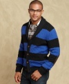 A modern striping pattern reinvigorates this classic shawl collar sweater from Tommy Hilfiger.
