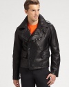 Sumptuous Italian leather lends rugged refinement to a trim-fitting jacket with a modern, asymmetrical construction.Zip/button frontZippered chest, waist flap pocketsAbout 21 from shoulder to hemLeatherDry cleanMade in Italy