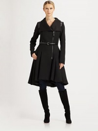 Designed for warmth and style, this belted coat features supple leather details and a waist-defining skinny belt. Fold-over collarLeather shoulder detailsOff-center zipper closureFlutter hemFully linedAbout 42 from shoulder to hem51% cotton/32% polyester/17% virgin woolDry clean by leather specialistImported Model shown is 5'11 (180cm) wearing US size Small. Designed for warmth and style, this belted coat features supple leather details and a waist-defining skinny belt. Fold-over collarLeather shoulder detailsOff-center zipper closureFlutter hemFully linedAbout 42 from shoulder to hem51% cotton/32% polyester/17% virgin woolDry clean by leather specialistImported Model shown is 5'11 (180cm) wearing US size Small.