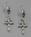 These hip & beautiful cross earrings by Lucky Brand feature vintage silvertone etched mixed metal with turquoise-dyed howlite accents. Approximate drop: 2 inches.
