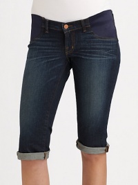 Dark-wash denim articulated in an abbreviated shape, featuring side stretch panels for comfort and flexibility.Zip fly Two-pocket style Cuffed hem Rise, about 7½ Inseam, about 18 92% cotton/7% polyester/1% spandex; machine wash Made in USA Dark-wash denim articulated in an abbreviated shape, featuring side stretch panels for comfort and flexibility.Zip fly Two-pocket style Cuffed hem Rise, about 7½ Inseam, about 18 92% cotton/7% polyester/1% spandex; machine wash Made in USA