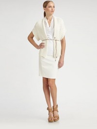 EXCLUSIVELY AT SAKS. Chunkily knit cotton, in a short-sleeved silhouette finished with a leather tie belt.Wrap frontConcealed snap closureShort sleevesLeather tie beltAbout 24½ from shoulder to hem76% cotton/24% linenDry cleanMade in ItalyModel shown is 5'11 (180cm) wearing US size Small. EXCLUSIVELY AT SAKS. Chunkily knit cotton, in a short-sleeved silhouette finished with a leather tie belt.Wrap frontConcealed snap closureShort sleevesLeather tie beltAbout 24½ from shoulder to hem76% cotton/24% linenDry cleanMade in ItalyModel shown is 5'11 (180cm) wearing US size Small.