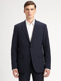 A modern-fitting classic, handsomely tailored with clean lines and a two-button front. Notch lapel Single back vent About 29½ from shoulder to hem 96% Italian wool/4% Lycra; dry clean Imported A modern-fitting classic, handsomely tailored with clean lines and a two-button front. Notch lapel Single back vent About 29½ from shoulder to hem 96% Italian wool/4% Lycra; dry clean Imported