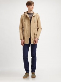 A traditional outerwear staple gets a refreshing update in smooth, Italian cotton with an attached hood for added warmth.Zip frontAttached drawstring hoodWaist flap pocketsAbout 32 from shoulder to hemCottonDry cleanImported A traditional outerwear staple gets a refreshing update in smooth, Italian cotton with an attached hood for added warmth.Zip frontAttached drawstring hoodWaist flap pocketsAbout 32 from shoulder to hemCottonDry cleanImported
