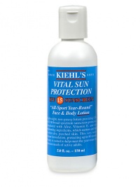 Named Best Sunscreen in Self magazine's 2004 Healthy Beauty Awards. Vital Sun Protection Sunscreen Lotion SPF 15, SPF 30 and SPF 40(for children). This lightweight, non-greasy lotion provides year-round UVA and UVB protection with hydrating and conditioning ingredients such as Aloe, Vitamin E and Soybean Oil. Quickly absorbed and very water-resistant,this sunscreen protects for up to 80 minutes in water. 5 oz. Named Best Sunscreen in Self magazine's 2004 Healthy Beauty Awards. Vital Sun Protection Sunscreen Lotion SPF 15, SPF 30 and SPF 40(for children). This lightweight, non-greasy lotion provides year-round UVA and UVB protection with hydrating and conditioning ingredients such as Aloe, Vitamin E and Soybean Oil. Quickly absorbed and very water-resistant,this sunscreen protects for up to 80 minutes in water. 5 oz.