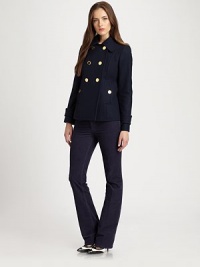 An irresistibly modern take on the beloved peacoat, this cropped design features resplendent buttons and convenient flap pockets.Double-breasted designLong sleevesButton closureFlap pocketsPrincess seamsButton-tab detail on sleeves and back waistFully linedAbout 24 from shoulder to hem70% wool/30% nylonDry cleanImported Model shown is 5'9½ (176cm) wearing US size 4. An irresistibly modern take on the beloved peacoat, this cropped design features resplendent buttons and convenient flap pockets.Double-breasted designLong sleevesButton closureFlap pocketsPrincess seamsButton-tab detail on sleeves and back waistFully linedAbout 24 from shoulder to hem70% wool/30% nylonDry cleanImported Model shown is 5'9½ (176cm) wearing US size 4.