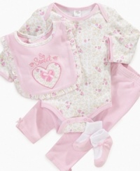 So sweet indeed! This bodysuit, pants, bib and socks set from Cutie Pie is just precious. So sweet indeed! This bodysuit, pants, bib and socks set from Cutie Pie is just precious.