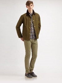 Crafted from fine cotton, the simple essential is enhanced with a corduroy collar for an unexpected twist.Snap buttonfrontChest, waist flap pocketsAbout 28½ from shoulder to hemCottonDry cleanImported Crafted from fine cotton, the simple essential is enhanced with a corduroy collar for an unexpected twist.Snap buttonfrontChest, waist flap pocketsAbout 28½ from shoulder to hemCottonDry cleanImported