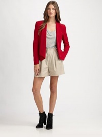 The tailored silk blazer, cropped and fitted with a single-button closureFoldover lapelsDefined shouldersWelt pocketsContour hem shorter in backAbout 24½ from shoulder to hemSilkDry cleanImported The tailored silk blazer, cropped and fitted with a single-button closureFoldover lapelsDefined shouldersWelt pocketsContour hem shorter in backAbout 24½ from shoulder to hemSilkDry cleanImported