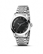 A stainless steel watch from the Gucci G-Timeless collection. Round black pattern dial set with 12 diamonds. Sweep second hand and date window.