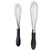 GOOD GRIPS Whisks feature polished stainless steel wires and teardrop shaped handles that fit comfortably in the palm of your hand. The soft handle wont slip out of your hand, even when wet. Beat eggs, stir batter, whip cream and stir sauces in comfort. Available in 9, 11, 11 Balloon and Flat versions.