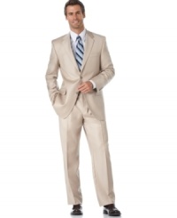 A smart addition to your spring and summer wardrobes, this lightweight Alfani tan suit helps you coordinate with a vibrant seasonal color palette. A smart addition to your spring and summer wardrobes, this lightweight Alfani tan suit helps you coordinate with a vibrant seasonal color palette.