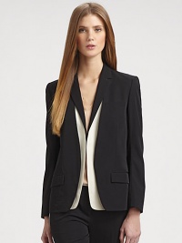 A collarless tissue wool blazer layers effortlessly over a contrasting vest.Collarless jacketWelt breast pocketSide flap pocketsContrast vest with notched lapelsBack ventAbout 24 from shoulder to hemJacket and vest: woolBack vest panel: silkDry cleanMade in Italy of imported fabricModel shown is 5'9 (175cm) wearing US size 4. A collarless tissue wool blazer layers effortlessly over a contrasting vest.Collarless jacketWelt breast pocketSide flap pocketsContrast vest with notched lapelsBack ventAbout 24 from shoulder to hemJacket and vest: woolBack vest panel: silkDry cleanMade in Italy of imported fabricModel shown is 5'9 (175cm) wearing US size 4.