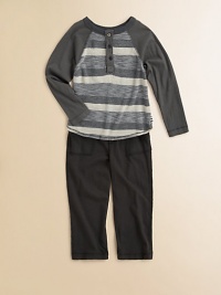 A handsome, striped set with long sleeves and matching cozy pants. Shirt Ribbed crewneckLong sleevesButton-front Pants Elastic waistbandFront patch pocketsCotton/modal/spandexMachine washImported A handsome, striped set with long sleeves and matching cozy pants. Shirt Ribbed crewneckLong sleevesButton-front Pants Elastic waistbandFront patch pocketsCotton/modal/spandexMachine washImported