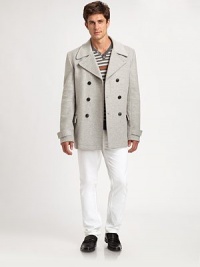 EXCLUSIVELY OURS. Clean lines and classic tailoring shapes and defines this outerwear essential, structured in a luxurious wool blend.Button-frontWaist flap pocketsRear ventAbout 31 from shoulder to hem80% wool/20% nylonDry cleanImported of Italian fabric EXCLUSIVELY OURS. Clean lines and classic tailoring shapes and defines this outerwear essential, structured in a luxurious wool blend.Button-frontWaist flap pocketsRear ventAbout 31 from shoulder to hem80% wool/20% nylonDry cleanImported of Italian fabric