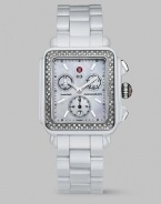 Cool ceramic meets sparkling diamonds for a bright and brilliant Swiss timepiece. Swiss quartz movement 108 diamond bezel Diamonds, tcw .60 K-1 mineral crystal Square face Mother-of-pearl chronograph dial Number markers Date display Ceramic case and band Strap is not interchangeable Imported