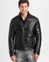 Smooth, supple leather is shaped and tailored in a classic, motorcycle-inspired silhouette.Zip frontStand collarZippered waist pocketsBanded collar, cuffs and hemAbout 26 from shoulder to hemLeatherDry cleanImported