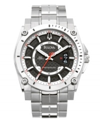 For the gentleman who is never a moment late, Bulova presents the Precisionist collection: a watch accurate to ten seconds a year. Round titanium case and bracelet. Stick markings and lugs at bezel. Carbon dial with applied index features stick indices, date window at three o'clock, luminous hour and minute hands, orange second hand and logo. Quartz movement. Water resistant to 300 meters. Three-year limited warranty. For the gentleman who is never a moment late, Bulova presents the Precisionist collection: a watch accurate to ten seconds a year. Round titanium case and bracelet. Stick markings and lugs at bezel. Carbon dial with applied index features stick indices, date window at three o'clock, luminous hour and minute hands, orange second hand and logo. Quartz movement. Water resistant to 300 meters. Three-year limited warranty.