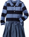 Nautica Sportswear Kids Baby-girls Infant Long Sleeve Striped Rugby Top With Attached Chambray Skirt, Cadet Blue, 24 Months