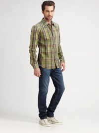 A casual, cool button-front style in washed, plaid-checked cotton.Button-frontChest patch pocketCottonMachine washMade in USA A casual, cool button-front style in washed, plaid-checked cotton.Button-frontChest patch pocketCottonMachine washMade in USA