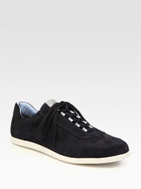 Sporty styling in supple Italian sueded calfskin elevates your casual wardrobe.Padded insoleRubber soleMade in Italy Sporty styling in supple Italian sueded calfskin elevates your casual wardrobe.Padded insoleRubber soleMade in Italy