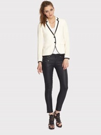 Lightweight blazer has contrast trim, front flap pockets and a back vent for extra mobility. Notched lapelButton frontFront flap pocketsLong sleeves with buttoned cuffsBack ventFully linedAbout 23 from shoulder to hem77% triacetate/23% polyesterDry cleanMade in USA of imported fabricModel shown is 5'10 (177cm) wearing US size 2. Lightweight blazer has contrast trim, front flap pockets and a back vent for extra mobility. Notched lapelButton frontFront flap pocketsLong sleeves with buttoned cuffsBack ventFully linedAbout 23 from shoulder to hem77% triacetate/23% polyesterDry cleanMade in USA of imported fabricModel shown is 5'10 (177cm) wearing US size 2.