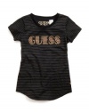 GUESS Kids Girls Big Girl Lurex Stripe Logo Tee, BLACK (14)