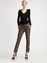 A fun and feminine take on classic pants, this sleek design features edgy, ankle zippers adorned by bows. Slash pocketsFront and back seamsBack welt pocketsBow detail above ankle zipperInseam, about 3056% polyester/30% acetate/11% wool/3% polyamideDry cleanMade in Italy of imported fabric Model shown is 5'10 (177cm) wearing US size 4. A fun and feminine take on classic pants, this sleek design features edgy, ankle zippers adorned by bows. Slash pocketsFront and back seamsBack welt pocketsBow detail above ankle zipperInseam, about 3056% polyester/30% acetate/11% wool/3% polyamideDry cleanMade in Italy of imported fabric Model shown is 5'10 (177cm) wearing US size 4.