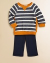 With wide stripes, contrast ribbed details and matching pants, this comfy outfit is a must-have for preppy little ones. Shirt Ribbed crewneckLong sleeves with ribbed cuffsRibbed hem Pants Pull-on styleCottonMachine washImported