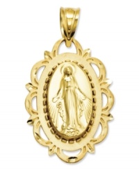 The perfect gift of faith, this iconic Virgin Mary charm features a unique diamond-cut design and the Hail Mary prayer on the reverse side. Crafted in 14k gold. Chain not included. Approximate length: 1-1/5 inches. Approximate width: 7/10 inch. The perfect gift of faith, this iconic Virgin Mary charm features a unique diamond-cut design and the Hail Mary prayer on the reverse side. Crafted in 14k gold. Chain not included. Approximate length: 1-1/5 inches. Approximate width: 7/10 inch.
