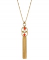 Drop in on the hot tassel trend! Kenneth Cole New York's pendant necklace highlights round coral resin beads in linked ring setting with dangling gold tone chains. Crafted in gold tone mixed metal. Approximate length: 26 inches + 3-inch extender. Approximate drop: 7-1/4 inches.