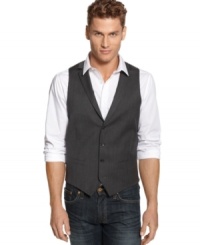 Open up the collar and roll up your sleeves. This Alfani Red vest is all the formal you need. Open up the collar and roll up your sleeves. This Alfani Red vest is all the formal you need.