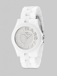 A sleek stainless steel timepiece with glitzy logo dial and sporty plastic link bracelet.Quartz movement Water resistant to 5 ATM White dial Round stainless steel case, 40mm, (1.57) Logo hour markers along outer concave ring with rhinestone 'Marc' Second hand Plastic link bracelet, 20mm, (.78) Tri-fold buckle Imported 