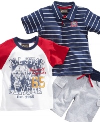 Hit it out of the park! He'll be stylish, sporty and comfortable in this tee shirt, polo shirt and shorts set from Nannette. Hit it out of the park! He'll be stylish, sporty and comfortable in this tee shirt, polo shirt and shorts set from Nannette.