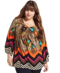 Get standout style this season with One World's three-quarter-sleeve plus size top, flaunting a mixed-print! (Clearance) Get standout style this season with One World's three-quarter-sleeve plus size top, flaunting a mixed-print! (Clearance)