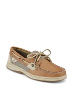 Classic women's stain and water resistant leather boat shoes with plaid linen insets on sides. Wear them with khakis for a classic look or make them edgy with cuffed boyfriend jeans. Even better, carry it into Spring with your favorite pair of cutoff shorts. A versatile shoe for any season.