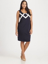 A sophisticated shift complemented by a stylish zigzag pattern. Princess seams and just the right amount of stretch help to provide a flawless fit. Round neckSleevelessPrincess seamsBack ventAbout 24 from natural waist65% rayon/30% nylon/5% spandexDry cleanMade in Italy A sophisticated shift complemented by a stylish zigzag pattern. Princess seams and just the right amount of stretch help to provide a flawless fit. Round neckSleevelessPrincess seamsBack ventAbout 24 from natural waist65% rayon/30% nylon/5% spandexDry cleanMade in Italy