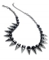 Look sharp with this necklace from Bar III. Crafted from hematite-tone mixed metal, the necklace is adorned with spikes and black glass crystals for a bit of fashion on the edge. Approximate length: 16 inches + 2-inch extender.