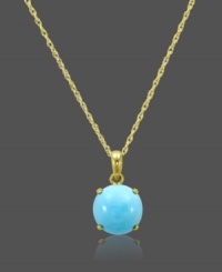 A single drop of color adds a touch of summer to your look. Carlo Viani's round-cut turquoise pendant (1-5/8 mm) pops within a rich, 14k gold setting and chain. Approximate length: 18 inches. Approximate drop: 1/4 inch. A single drop of color adds a touch of summer to your look. Carlo Viani's round-cut turquoise pendant (1-5/8 mm) pops within a rich, 14k gold setting and chain. Approximate length: 18 inches. Approximate drop: 1/4 inch.