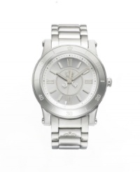 The crown jewel of your wardrobe, by Juicy Couture. HRH watch crafted of stainless steel bracelet and round case with numeral-etched bezel. Silver tone dial with textured inner dial features applied Roman numerals at three, six, nine and twelve o'clock, black minute track, applied stick indices, three hands and crown logo. Quartz movement. Water resistant up to 30 meters. Two-year limited warranty. The crown jewel of your wardrobe, by Juicy Couture. HRH watch crafted of stainless steel bracelet and round case with numeral-etched bezel. Silver tone dial with textured inner dial features applied Roman numerals at three, six, nine and twelve o'clock, black minute track, applied stick indices, three hands and crown logo. Quartz movement. Water resistant up to 30 meters. Two-year limited warranty.