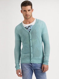 Fine, waffle-knit texture defines this modern classic cardigan in brightly-hued cotton.ButtonfrontBanded hem and cuffsCottonMachine washImported Fine, waffle-knit texture defines this modern classic cardigan in brightly-hued cotton.ButtonfrontBanded hem and cuffsCottonMachine washImported