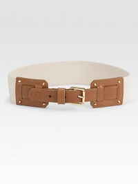 A wide, stretchy design with supple leather and a goldtone metal buckleWidth, about 2Made in USA A wide, stretchy design with supple leather and a goldtone metal buckleWidth, about 2Made in USA