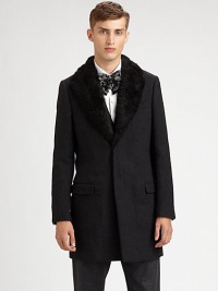 A simple outwear silhouette for the modern man of style, tailored in a rich, luxurious wool and cotton blend with faux-fur trim at the lapel.Button closureChest welt, waist flap pocketsBack beltRear ventAbout 36 from shoulder to hem40% wool/40% cotton/10% lambskin/10% nylonDry cleanMade in Italy A simple outwear silhouette for the modern man of style, tailored in a rich, luxurious wool and cotton blend with faux-fur trim at the lapel.Button closureChest welt, waist flap pocketsBack beltRear ventAbout 36 from shoulder to hem40% wool/40% cotton/10% lambskin/10% nylonDry cleanMade in Italy