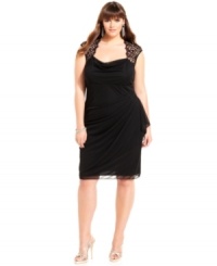 Sheer lace cap sleeves are the crowning touch on Xscape's plus size dress--play up this luxe look with jeweled shoes and plenty of sparkling accessories! Sheer lace cap sleeves are the crowning touch on Xscape's plus size dress--play up this luxe look with jeweled shoes and plenty of sparkling accessories!